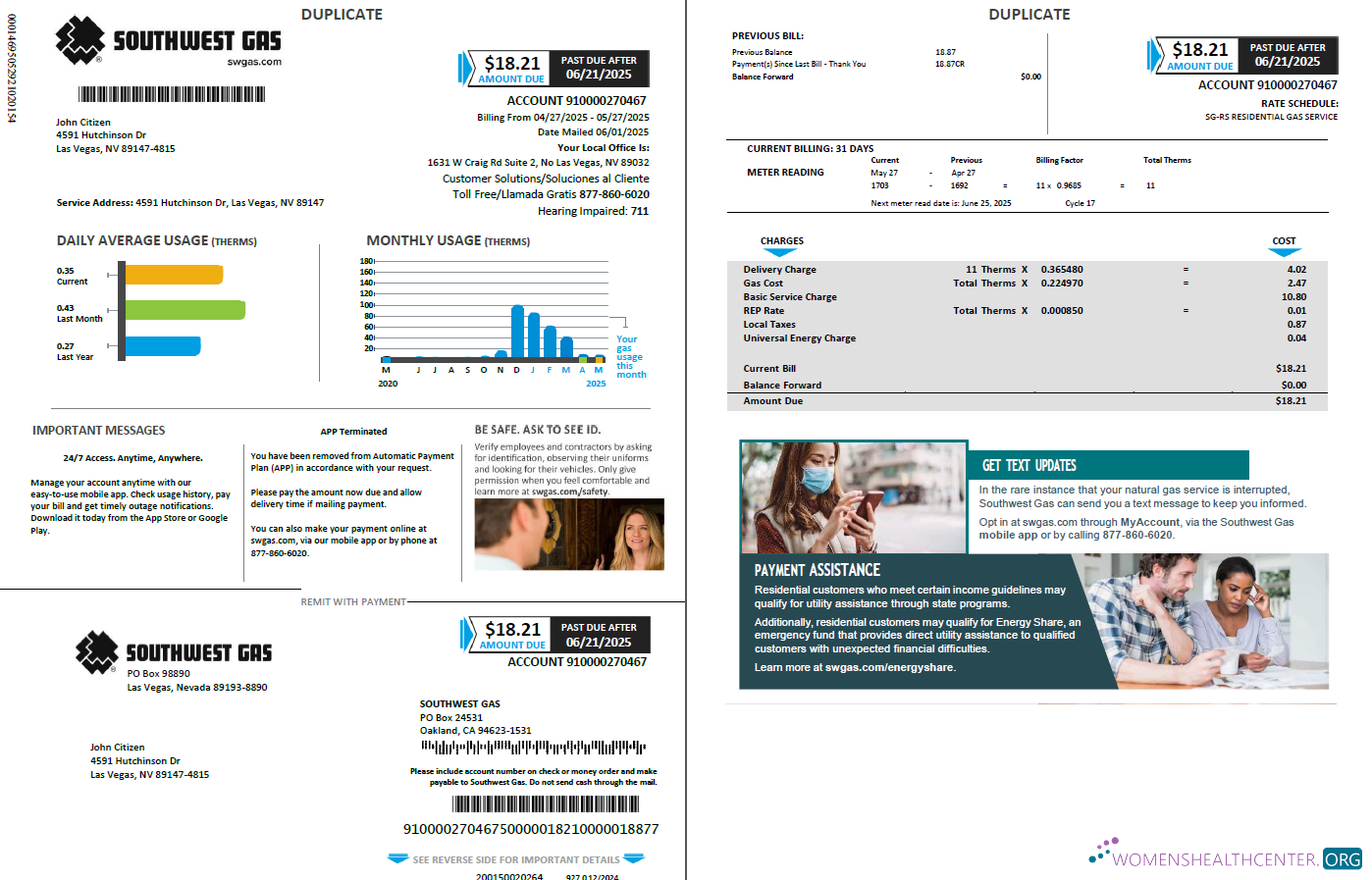 download download USA Southwest Gas utility bill template in Word and PDF formats, 2 pages PDF template PDF template